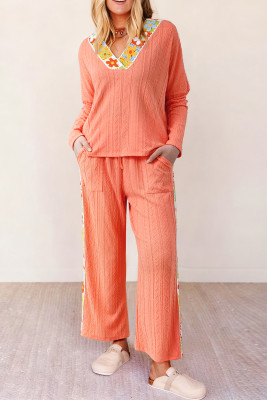 Grapefruit Orange Crochet Floral Accent V Neck Textured Pants Set LC628707-P3014