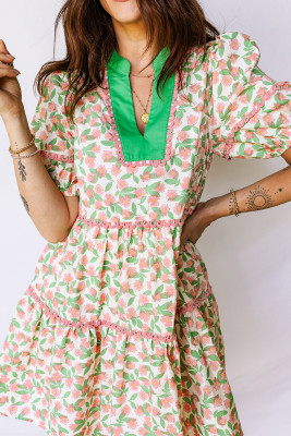 Green Contrast Neckline Ricrac Trim Floral Short Puff Sleeve Dress LC6127380-P920
