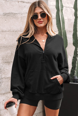 Black Half Zip Kangaroo Pocket Mineral Wash Baggy Hoodie LC25320092-P2