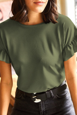 Jungle Green Solid Color Ribbed Ruffled Short Sleeve T Shirt LC25223309-P609