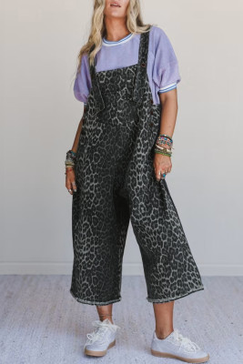 Gray Leopard Print Button Adjustable Straps Cropped Loose Denim Overalls LC784954-P1120