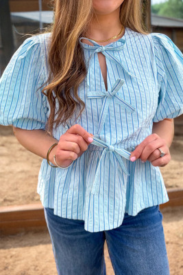 Sky Blue Stripe Bow Knot Textured Short Puff Sleeve Babydoll Blouse LC25135817-P419