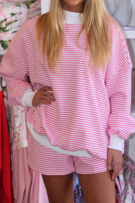 Pink Stripe Oversize Mock Neck Sweatshirt and Shorts Set LC628941-P101019