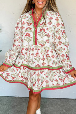 Pink Floral Print Contrast Trim Frilled Neck Long Sleeve Flared Dress LC6127169-P1020