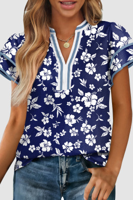 Blue Floral Print Contrast Trim Split Neck Double Ruffle Short Sleeve Blouse LC25134447-P520