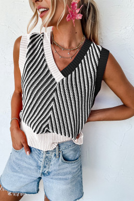 Black Contrast Chevron Knit V Neck Sweater Vest LC276220-P2
