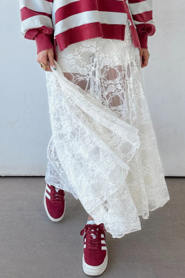 White Sheer Floral Lace Flowy Maxi Skirt LC7211453-P1