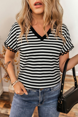 Black Striped Print V Neck Delicate Trim Casual Tee LC25230225-P2