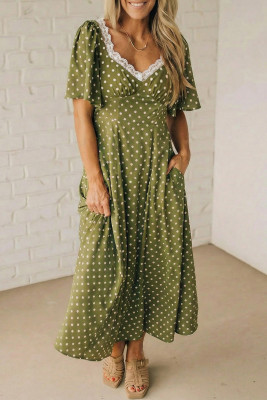 Green Polka Dot Print Lacy Neckline Smocked High Waist Maxi Dress LC6127021-P920