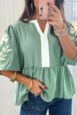 Smoke Green Color Block Patchwork V Neck Embroidered Puff Sleeve Babydoll Blouse LC25135657-P2809