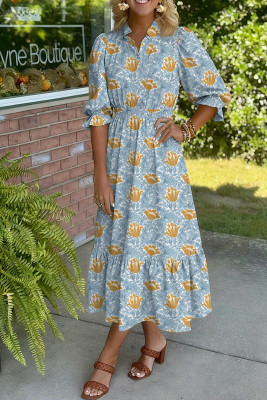 Brown Floral Printed Frilled V Neck Bracelet Sleeve Long Dress LC6126761-P1720