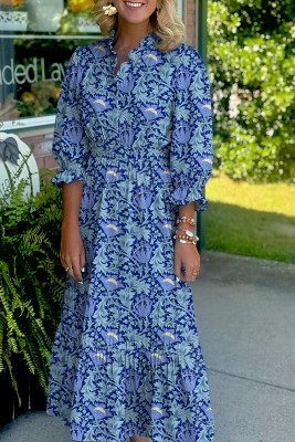 Sky Blue Floral Printed Frilled V Neck Bracelet Sleeve Long Dress LC6126761-P420