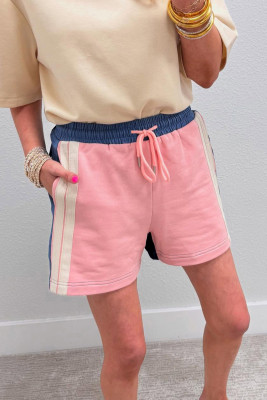 Pink Color Block Patchwork Varsity Striped Detail Drawstring Elastic Waist Shorts LC7311288-P10