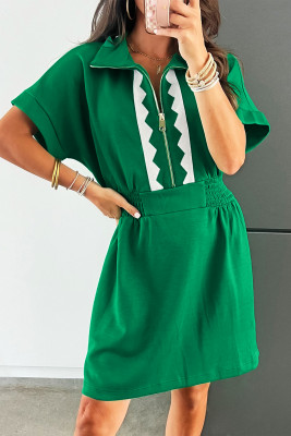 Bright Green Contrast Patchwork Half Zip Elastic Waist Short Sleeve Mini Dress LC6127438-P109