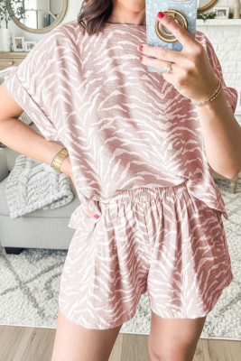 Khaki Abstract Print Cuffed Short Sleeve Loose Top Short Set LC628727-P1620