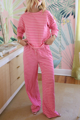 Rose Stripe Drop Shoulder Round Neck Top and Buttoned Straight Pants Two Piece Set LC628295-P619