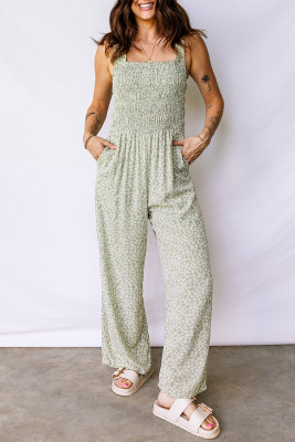 Green Smocked Bodice Square Neck Sleeveless Floral Jumpsuit LC6414668-P920