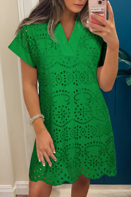 Green Solid Color Eyelet Embroidered T Shirt Mini Dress LC6127361-P9