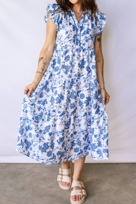 Blue Ruffled Short Sleeve Tiered Floral Midi Dress LC6127390-P520