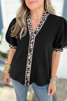 Black V Neck Short Puff Sleeve Contrast Striped Leopard Trim Button Down Shirt LC2557177-P2