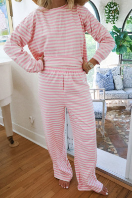 Pink Stripe Drop Shoulder Round Neck Top and Buttoned Straight Pants Two Piece Set LC628295-P1019