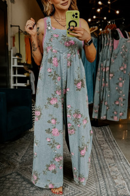 Beau Blue Floral Print Pleated High Waist Wide Leg Denim Jumpsuit LC784957-P804