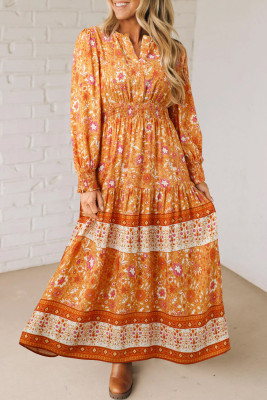 Orange Floral Print Smocked Waist Long Sleeve Boho Maxi Dress LC6126913-P1420