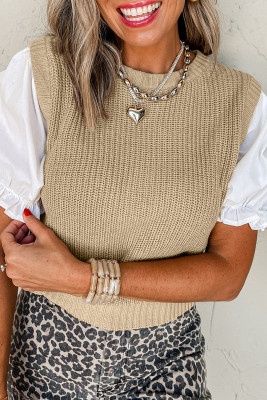 Light French Beige Round Neck Knit Contrast Short Sleeve Patchwork Sweater Top LC2771212-P4016