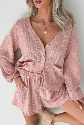 Gossamer Pink Cable Knit V Neck Cardigan Shorts Set LC628674-P1710