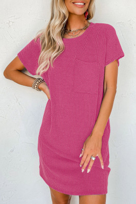Bright Pink Striped Ribbed Knit T-shirt Shift Dress LC6113730-P106