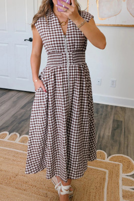 Coffee Plaid Print Full Zipper Cinched Waist Fit Flare Sleeveless Maxi Dress LC6127610-P1017