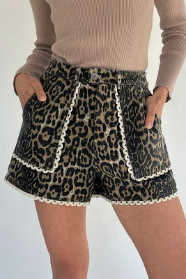 Khaki Contrast Scalloped Lace Trim Leopard Denim Shorts LC7832297-P1620