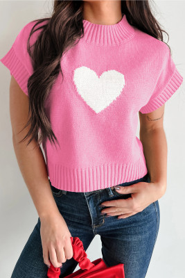 Pink Valentine Heart Graphic Cropped Short Sleeve Sweater LC2771334-P10