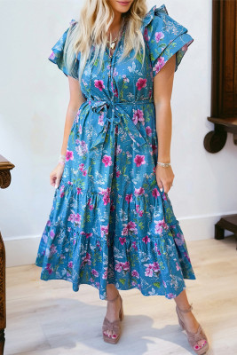 Blue Floral Flutter Sleeve Button Tie Split Neck Belted Long Dress LC6127268-P520