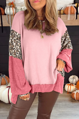 Light Pink Color Block Leopard Patchwork Dolman Sleeve High Low Baggy Sweatshirt LC25320565-P1010