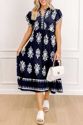 Blue Western Ethnic Print Notched Neck Short Sleeve Midi Dress LC6127217-P520