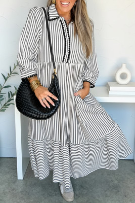 Black Stripe Scallop Trim Shirt Collar Half Button 3/4 Sleeve Long Dress LC6127519-P219