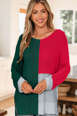 Evergreen Color Block Knit V Neck Loose Sweater LC2727598-P2509