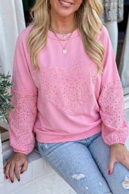 Pink Paisley Broderie Anglaise Valentine Heart Pattern Long Sleeve Patchwork Top LC25135899-P10