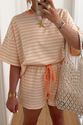 Pink Stripe Contrast Neck Loose Tee and Drawstring Shorts Set LC628757-P1019