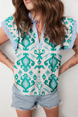Sky Blue Ethnic Print Striped Trim Flutter Sleeve Top LC25135478-P420
