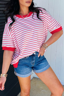 Red Stripe Drop Shoulder Half Sleeve T Shirt LC25230111-P319