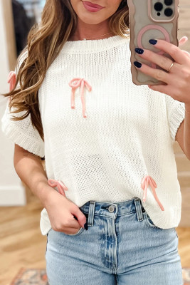White Short Sleeve Knit Contrast Bow Knot Loose Sweater LC2771299-P1