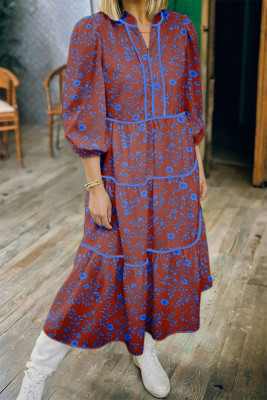 Brown 3/4 Puff Sleeve Tiered Loose Floral Dress LC6127248-P1720