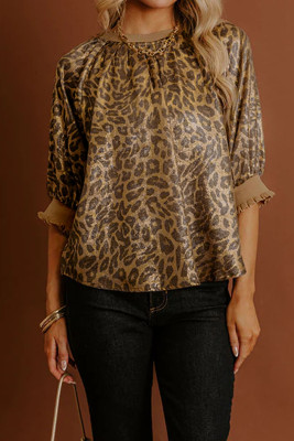 Gold  Half Sleeve Metallic Leopard Print Blouse LC25135813-P101220
