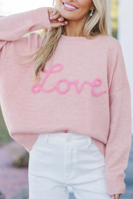Pink Corded Love Script Graphic Baggy Sweater LC2727917-P10