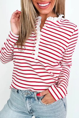 Red Stripe Contrast Frilled Trim Half Button Long Sleeve Top LC25230359-P319