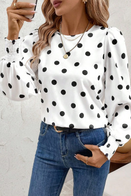 White Polka Dot Print Round Neck Frilled Long Sleeve Blouse LC25135672-P120