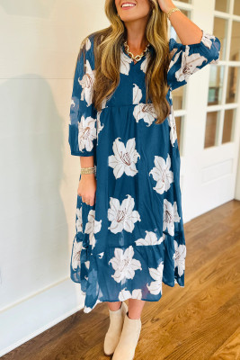 Blue Floral Print Shirt Collar V Neck 3/4 Sleeve Shift Midi Dress LC6126898-P520