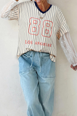 Blue Stripe 88 LOS ANGEL Graphic Lace Patchwork Faux Two Piece V Neck Top LC25135288-P519